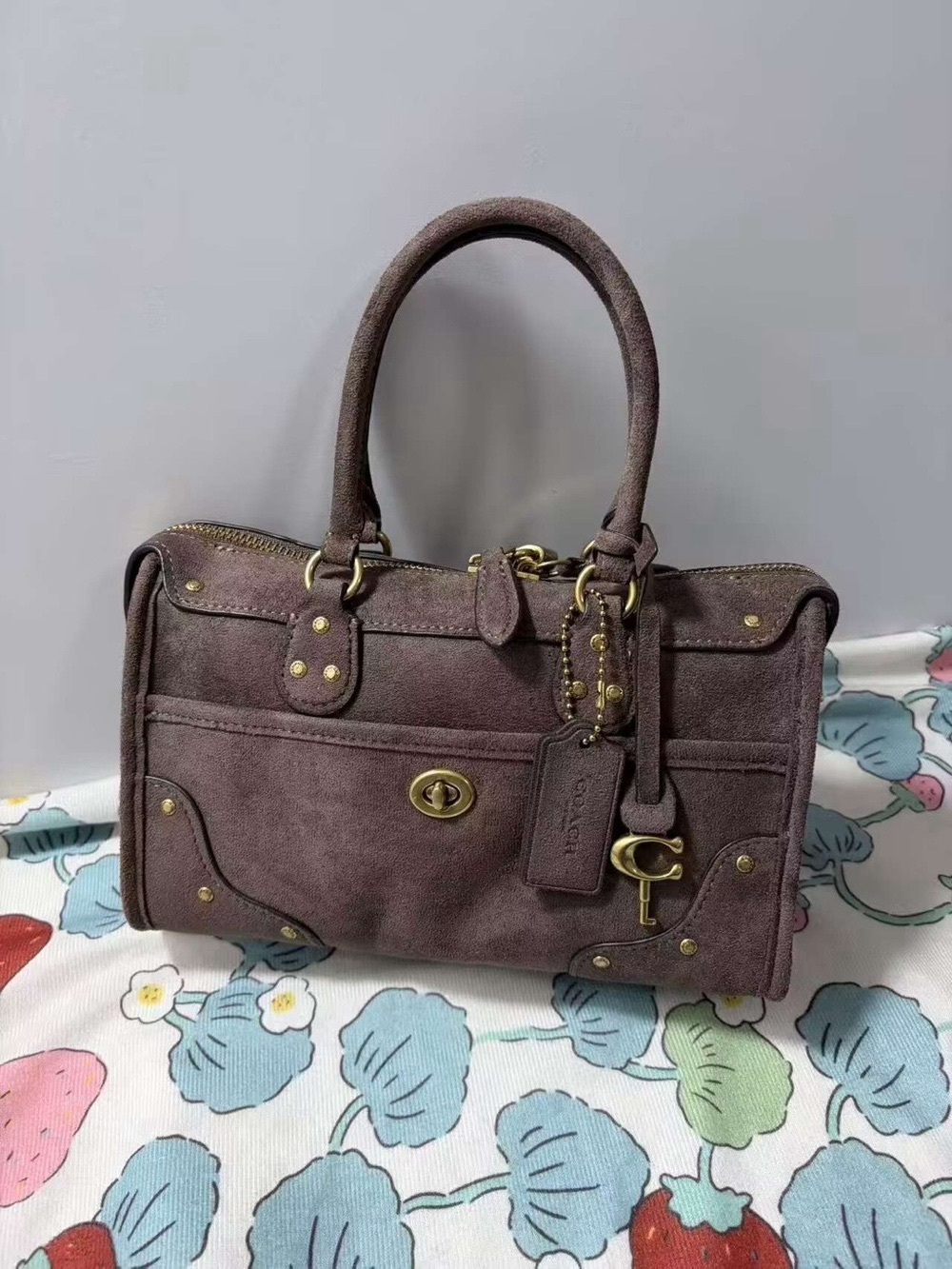 Coach Mauve Suede Satchel with Gold Hardware
